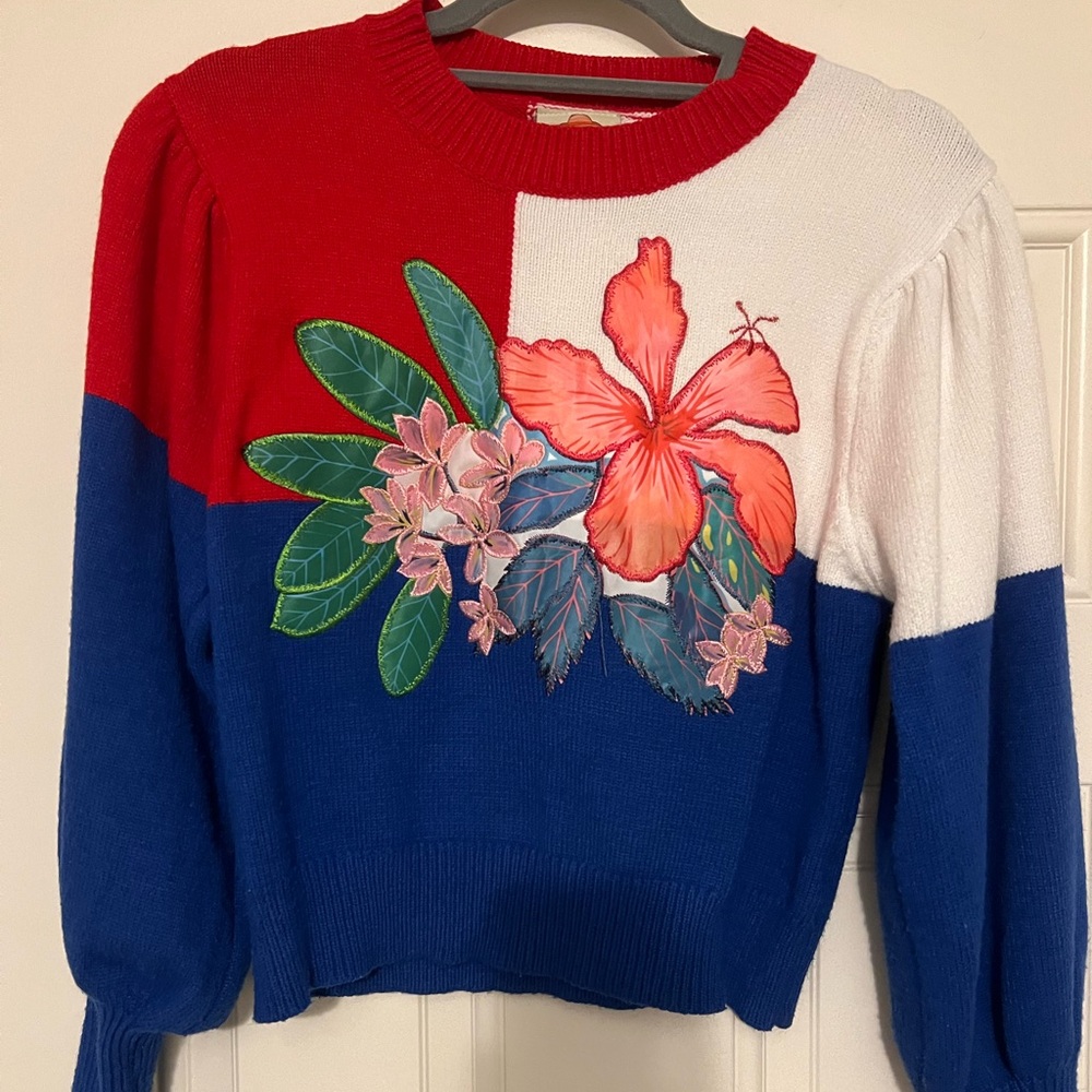 Farm Rio sweater with beautiful appliqué.
